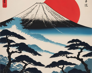 Dessin représentant un coucher de soleil sur le Fujiyama.