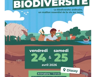 affiche de la fête de la biodiversité citant les dates et lieux montrant un mouton, un enfant, des galeries creusées par des lapins