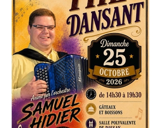 Affiche du thé dansant comportant la photo du musicien qui joue de l'accordéon