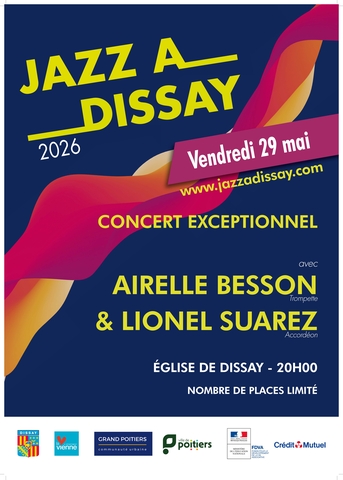 Affiche du concert du 29 mai 2026 de Jazz à Dissay avec Airelle Besson et Lionel Suarez