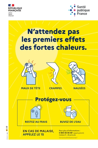 Affiche officiel donnant les signes à prendre en compte et les conseils en cas de canicule