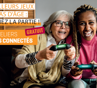 Annonce de la réunion d'information intégrant la vue d'une jeune femme et d'une séniore jouant avec un jeu sur console