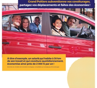 Affiche montrant 5 personnes dans une voiture.