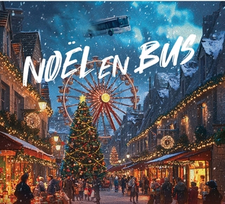 Dessin montrant une ville illuminée avec un bus dans le ciel.