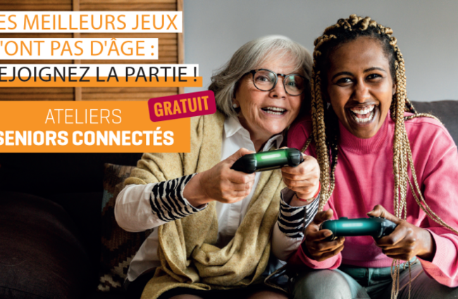 Annonce de la réunion d'information intégrant la vue d'une jeune femme et d'une séniore jouant avec un jeu sur console
