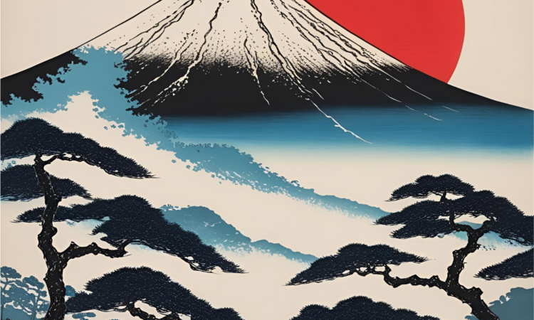 Dessin représentant un coucher de soleil sur le Fujiyama.