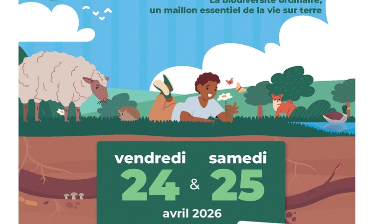 affiche de la fête de la biodiversité citant les dates et lieux montrant un mouton, un enfant, des galeries creusées par des lapins