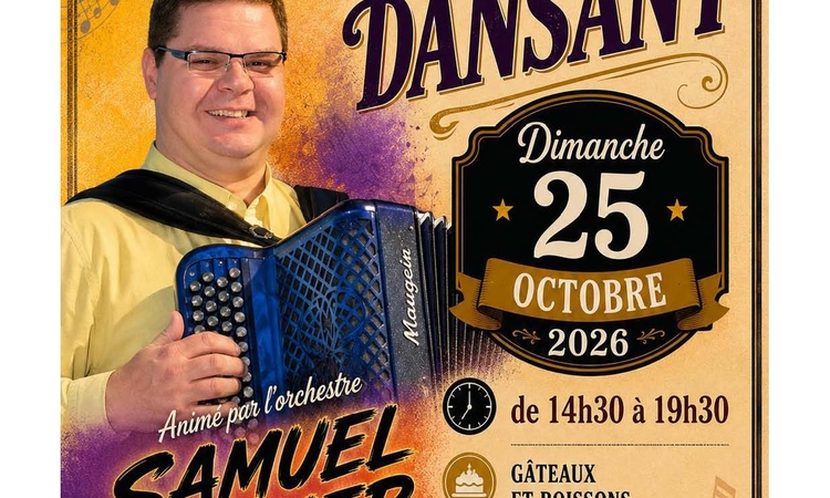 Affiche du thé dansant comportant la photo du musicien qui joue de l'accordéon