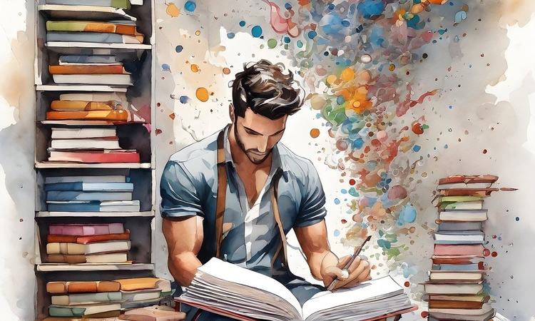 Homme assis écrivant dans un grand livre
