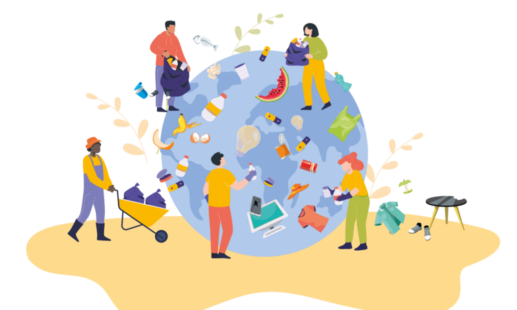 Dessin de la terre avec des déchets autour et des personnages qui les ramassent