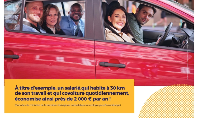 Affiche montrant 5 personnes dans une voiture.