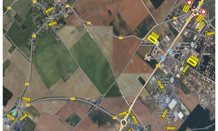 Vue sattelite du lieu avec les indications des déviations qui seront mises en place