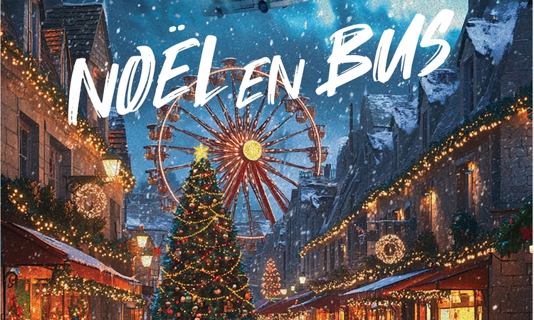 Dessin montrant une ville illuminée avec un bus dans le ciel.